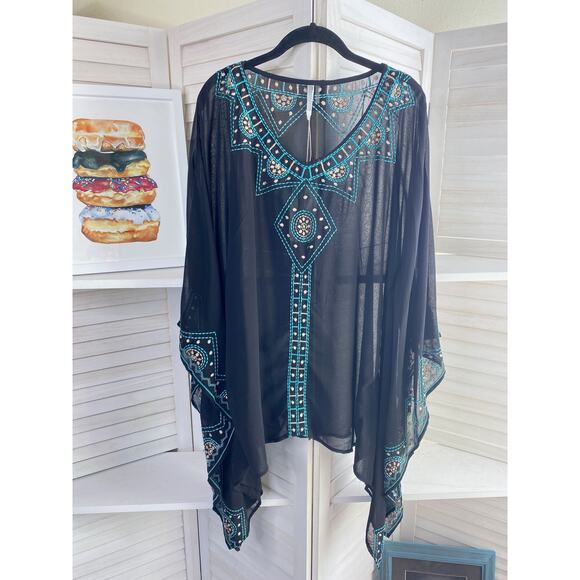 Monoreno black and blue embroidered boho sheer blouse - Picture 5 of 9